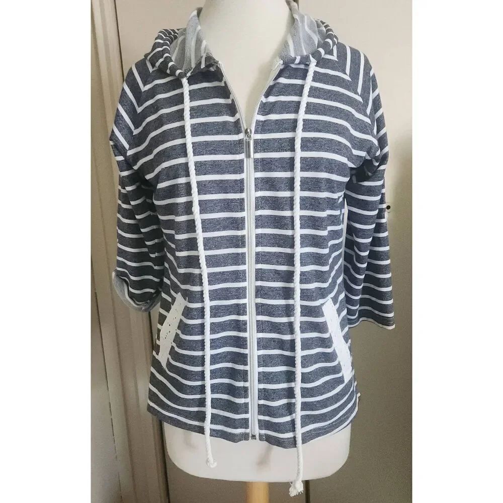 H8 Keren Hart lightweight blue gray striped hoodie with eyelet trim